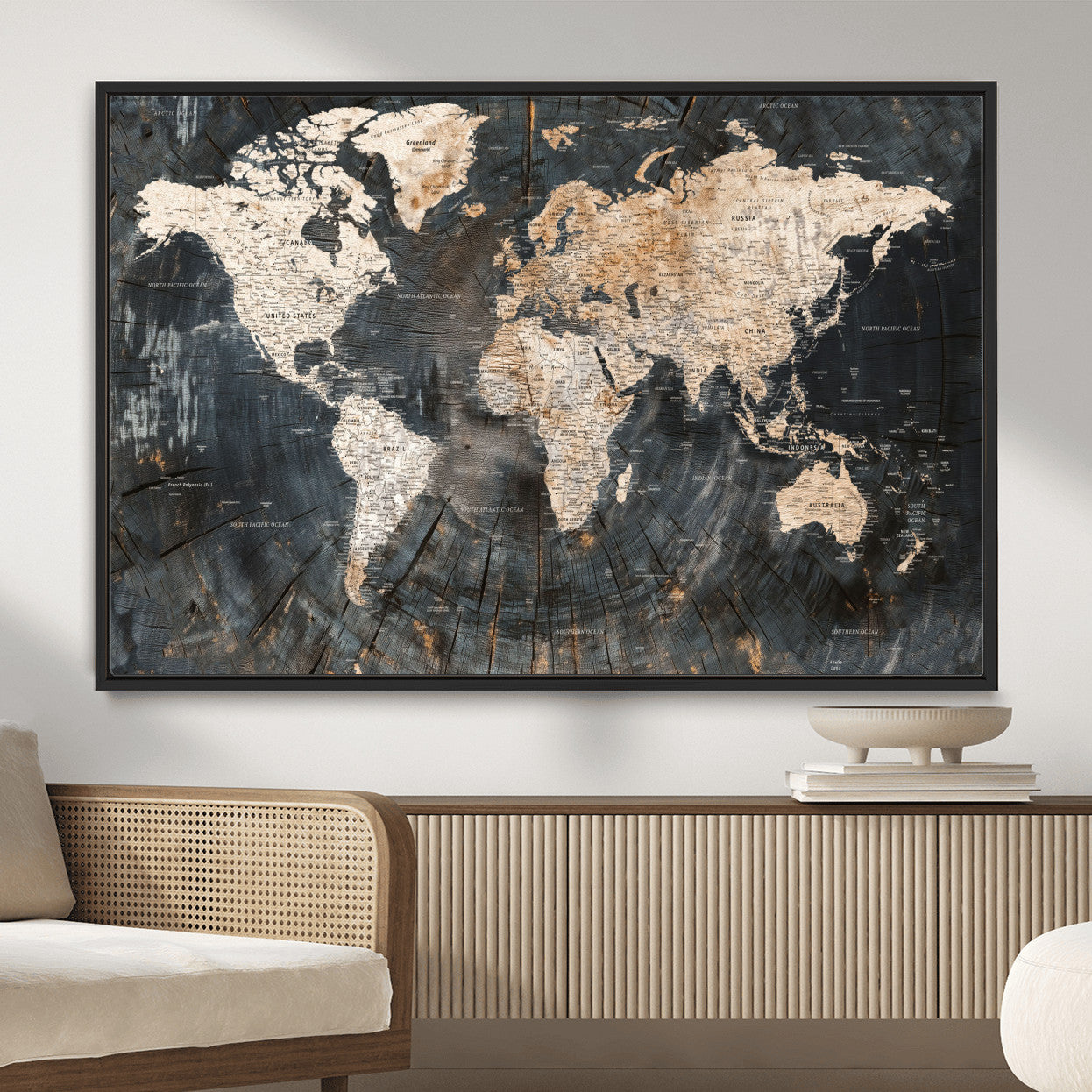57626704-MGV-FC-36X24 - World Map Wall Art Canvas Print, Modern Decorative Framed Map Artwork Prints for Living Room, Office, Bedroom Wall Decor