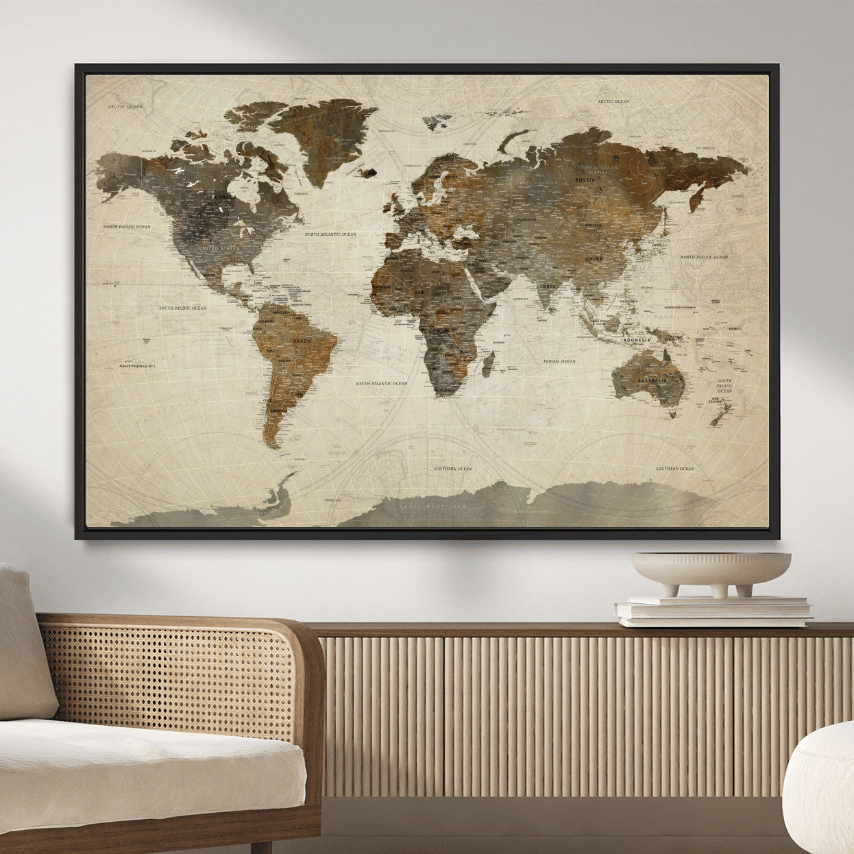 91849163-MGV-FC-36X24 - World Map Wall Art Canvas Print, Modern Decorative Framed Map Artwork Prints for Living Room, Office, Bedroom Wall Decor