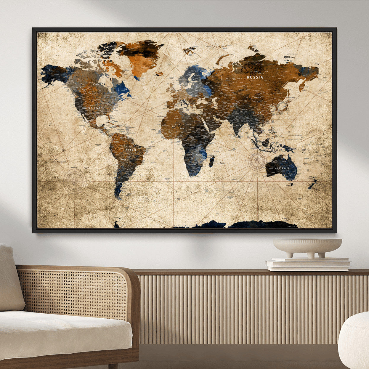 56297284-MGV-FC-36X24 - World Map Wall Art Canvas Print, Modern Decorative Framed Map Artwork Prints for Living Room, Office, Bedroom Wall Decor