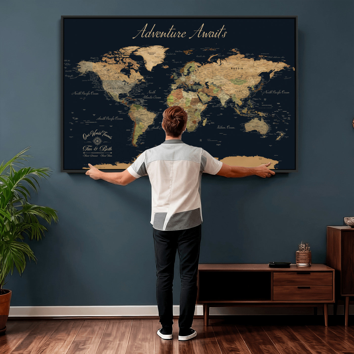 92618915-MGV-FC-36X24 - Customized Push Pin World Map Wall Art Canvas Print with Pins, Framed Personalize Travel Tracker Map, World Map for Living Room and Office Decor