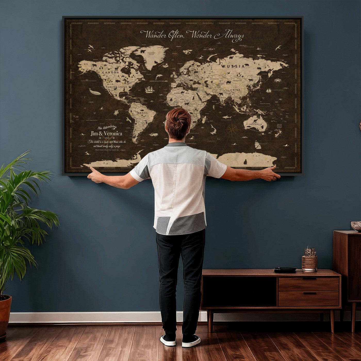 85776859-MGV-FC-36X24 - Personalize Push Pin World Map Wall Art Canvas Print with Pins, Framed Personalize Travel Tracker Map, World Map for Living Room and Office Decor