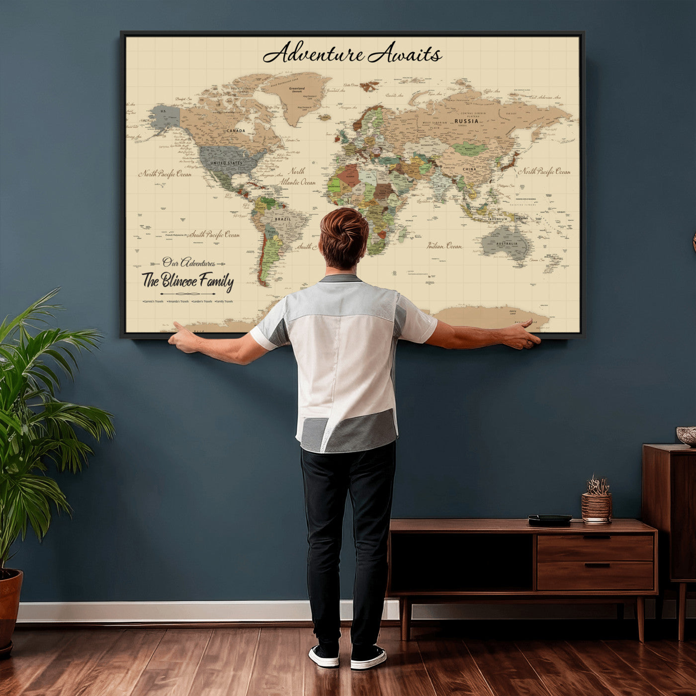 63407426-MGV-FC-36X24 - Customized Push Pin World Map Wall Art Canvas Print with Pins, Framed Personalize Travel Tracker Map, World Map for Living Room and Office Decor