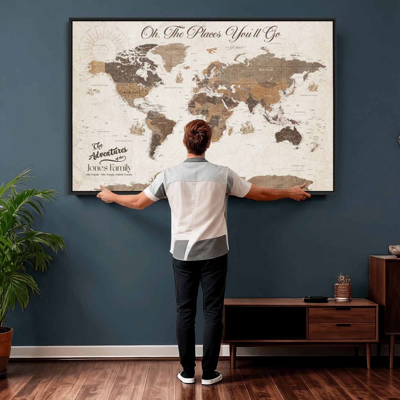 97885954-MGV-FC-36X24 - Customized Push Pin World Map Wall Art Canvas Print with Pins, Framed Personalize Travel Tracker Map, World Map for Living Room and Office Decor