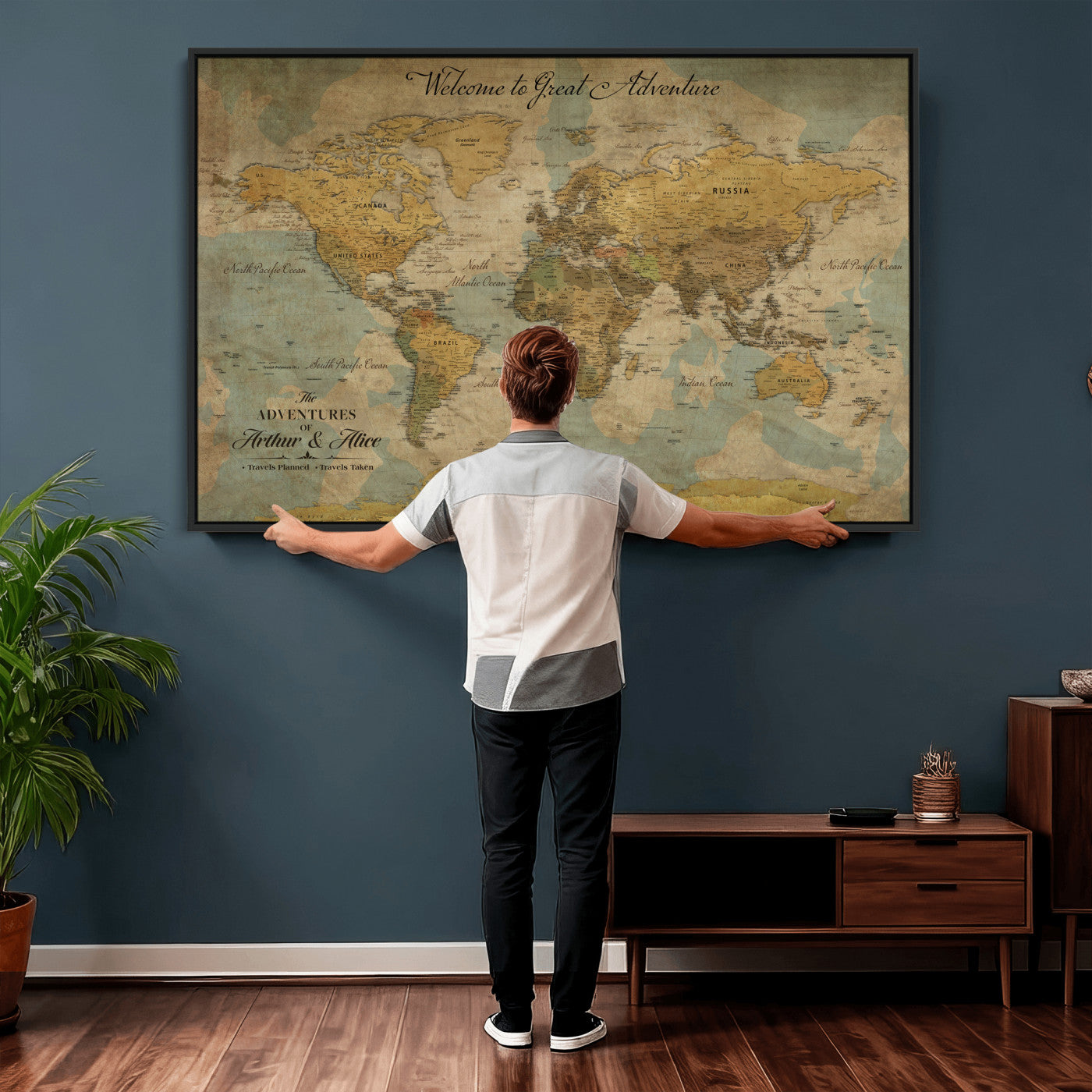 37903085-MGV-CV-36X24 - Custom Push Pin World Map Wall Art Canvas Print – Personalized Travel Tracker with Pins Framed Large for Home and Office Decor