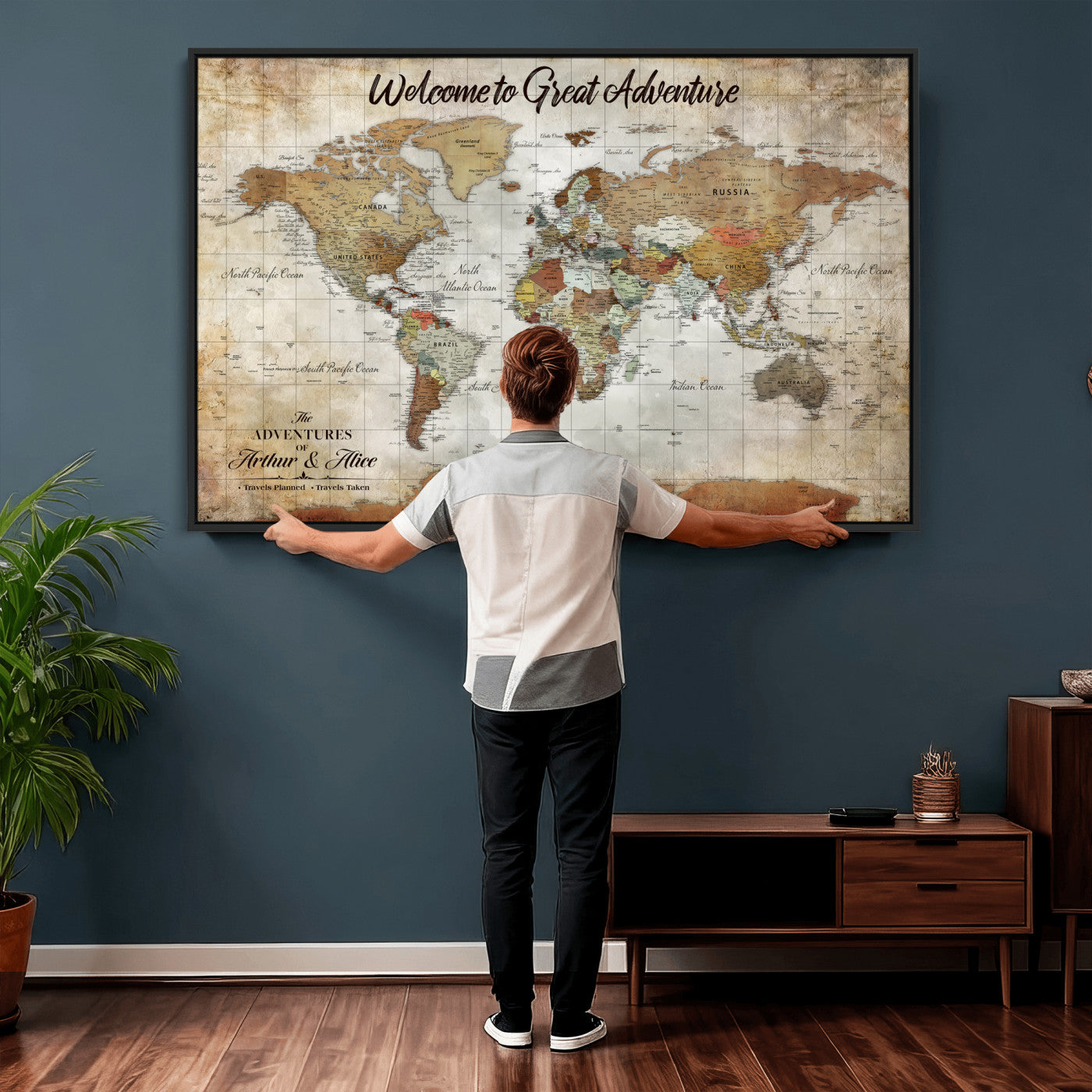 22906161-MGV-CV-36X24 - Custom Push Pin World Map Wall Art Canvas Print – Personalized Travel Tracker with Pins Framed Large for Home and Office Decor