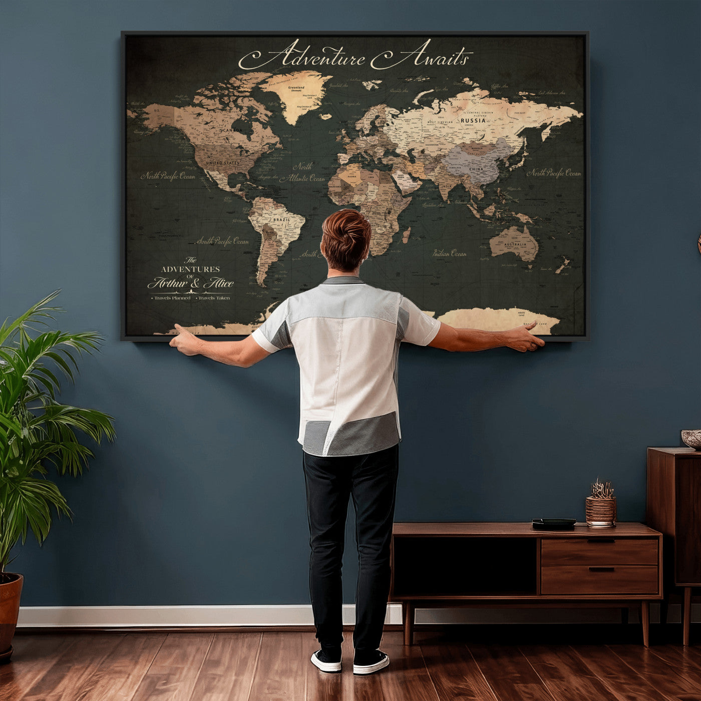 74987709-MGV-CV-36X24 - Custom Push Pin World Map Wall Art Canvas Print – Personalized Travel Tracker with Pins Framed Large for Home and Office Decor
