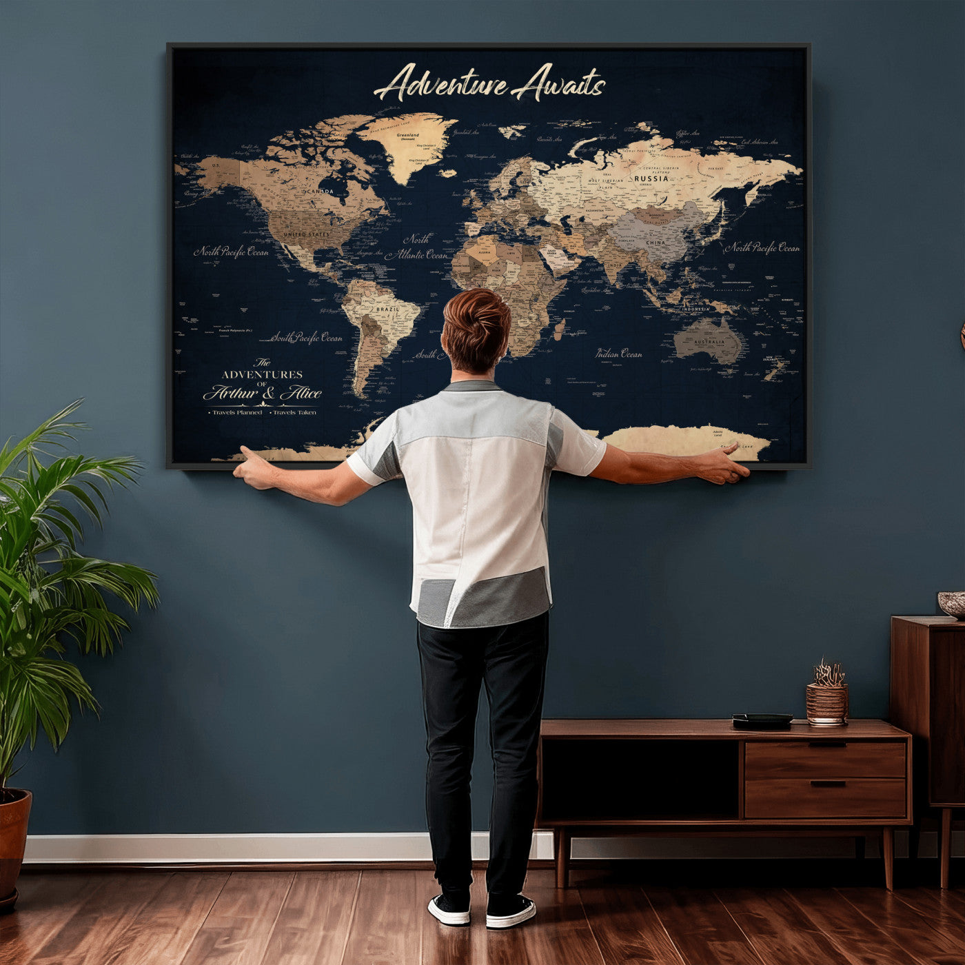 64110301-MGV-CV-36X24 - Custom Push Pin World Map Wall Art Canvas Print - Personalized Travel Tracker with Pins Framed Large for Home and Office Decor