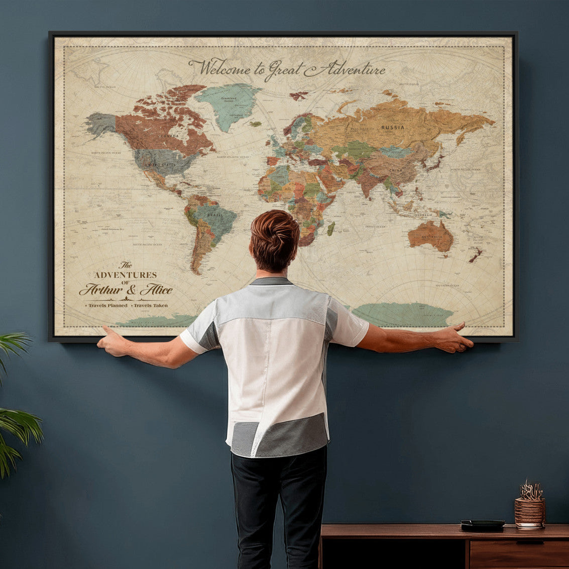 44361524-MGV-CV-36X24 - Custom Push Pin World Map Wall Art Canvas Print – Personalized Travel Tracker with Pins Framed Large for Home and Office Decor