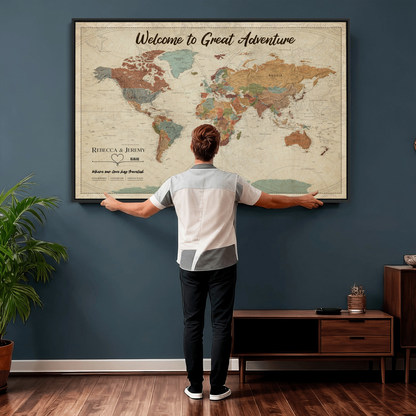 44361524-MGV-CV-36X24 - Custom Push Pin World Map Wall Art Canvas Print – Personalized Travel Tracker with Pins Framed Large for Home and Office Decor