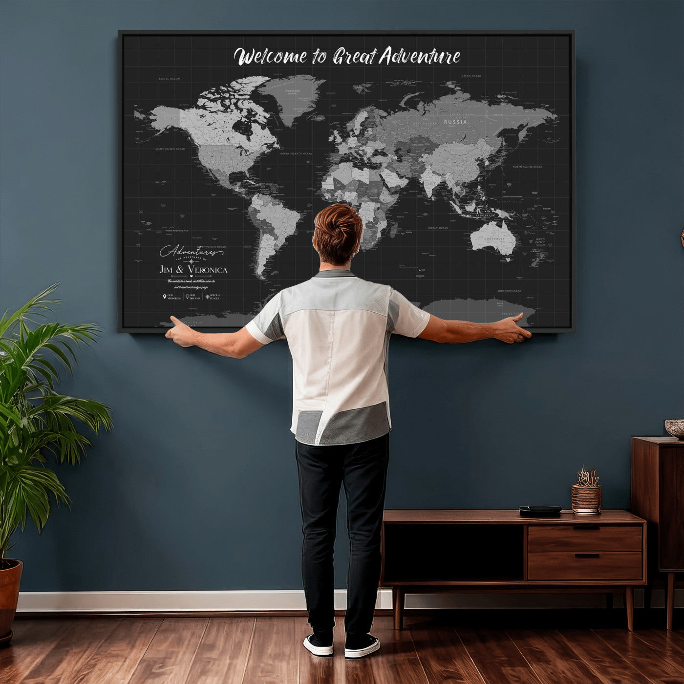 57127599-MGV-CV-36X24 - Custom Push Pin World Map Wall Art Canvas Print – Personalized Travel Tracker with Pins Framed Large for Home and Office Decor