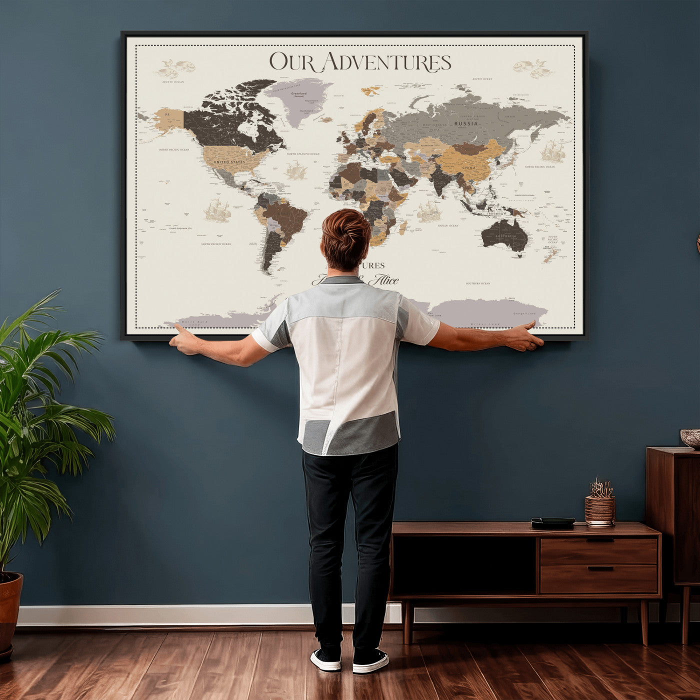 66301646-MGV-CV-36X24 - Custom Push Pin World Map Wall Art Canvas Print – Personalized Travel Tracker with Pins Framed Large for Home and Office Decor