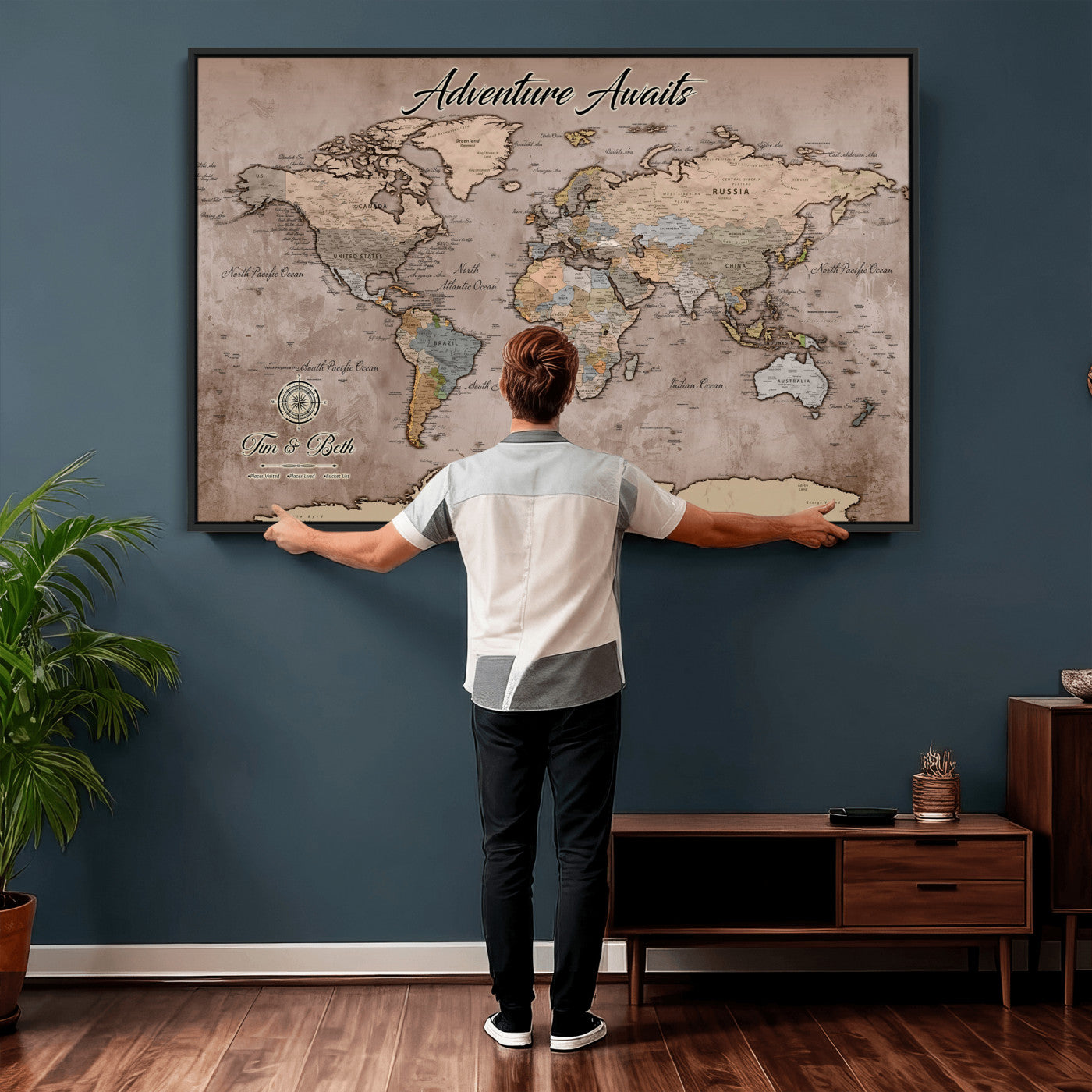 30508877-MGV-CV-36X24 - Custom Push Pin World Map Wall Art Canvas Print – Personalized Travel Tracker with Pins Framed Large for Home and Office Decor