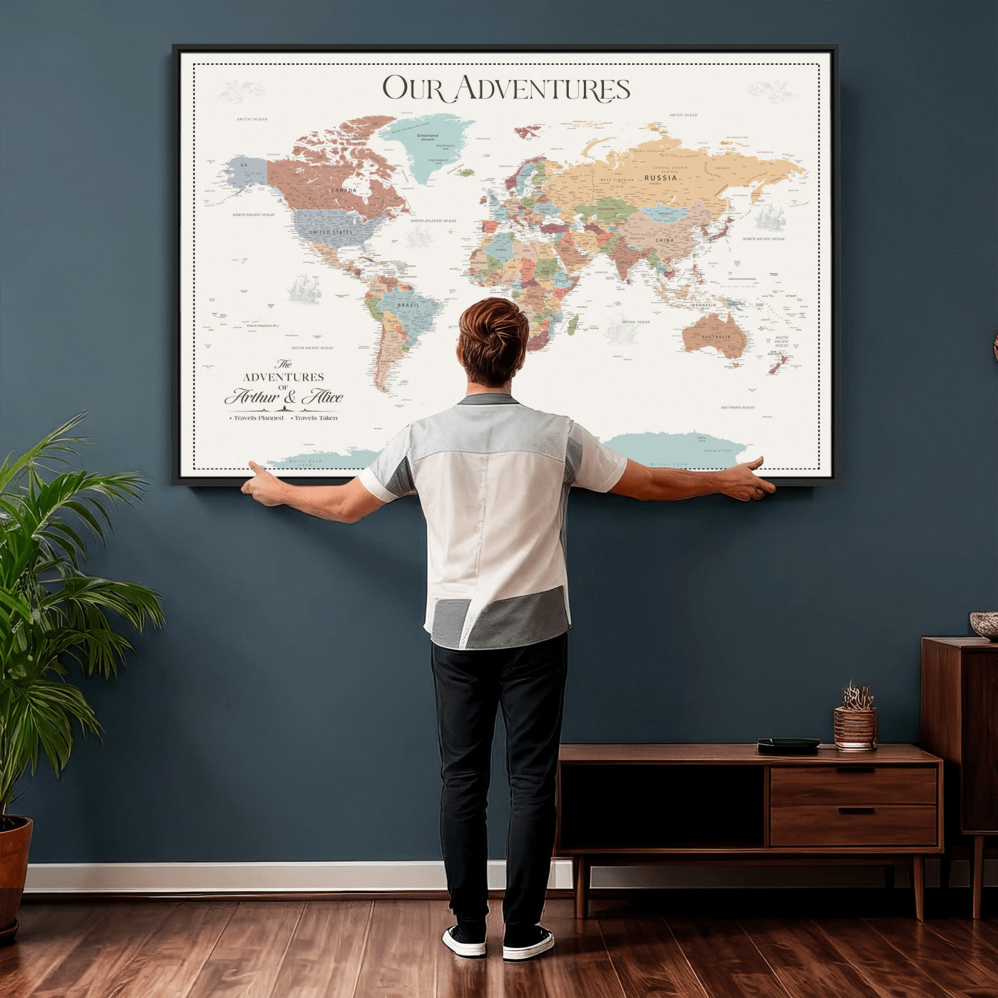 30191756-MGV-CV-36X24 - Custom Push Pin World Map Wall Art Canvas Print – Personalized Travel Tracker with Pins Framed Large for Home and Office Decor