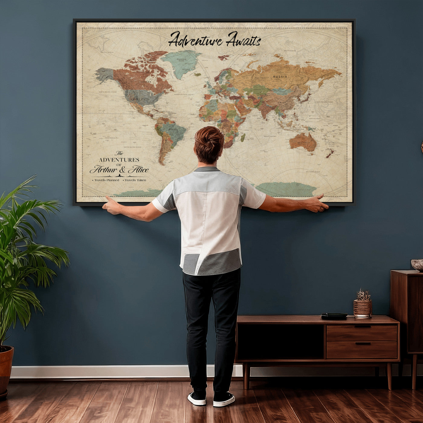 10741176-MGV-CV-36X24 - Custom Push Pin World Map Wall Art Canvas Print – Personalized Travel Tracker with Pins Framed Large for Home and Office Decor