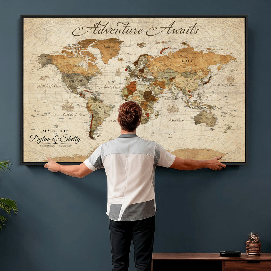 96009630-MGV-CV-36X24 - Custom Push Pin World Map Wall Art Canvas Print – Personalized Travel Tracker with Pins Framed Large for Home and Office Decor