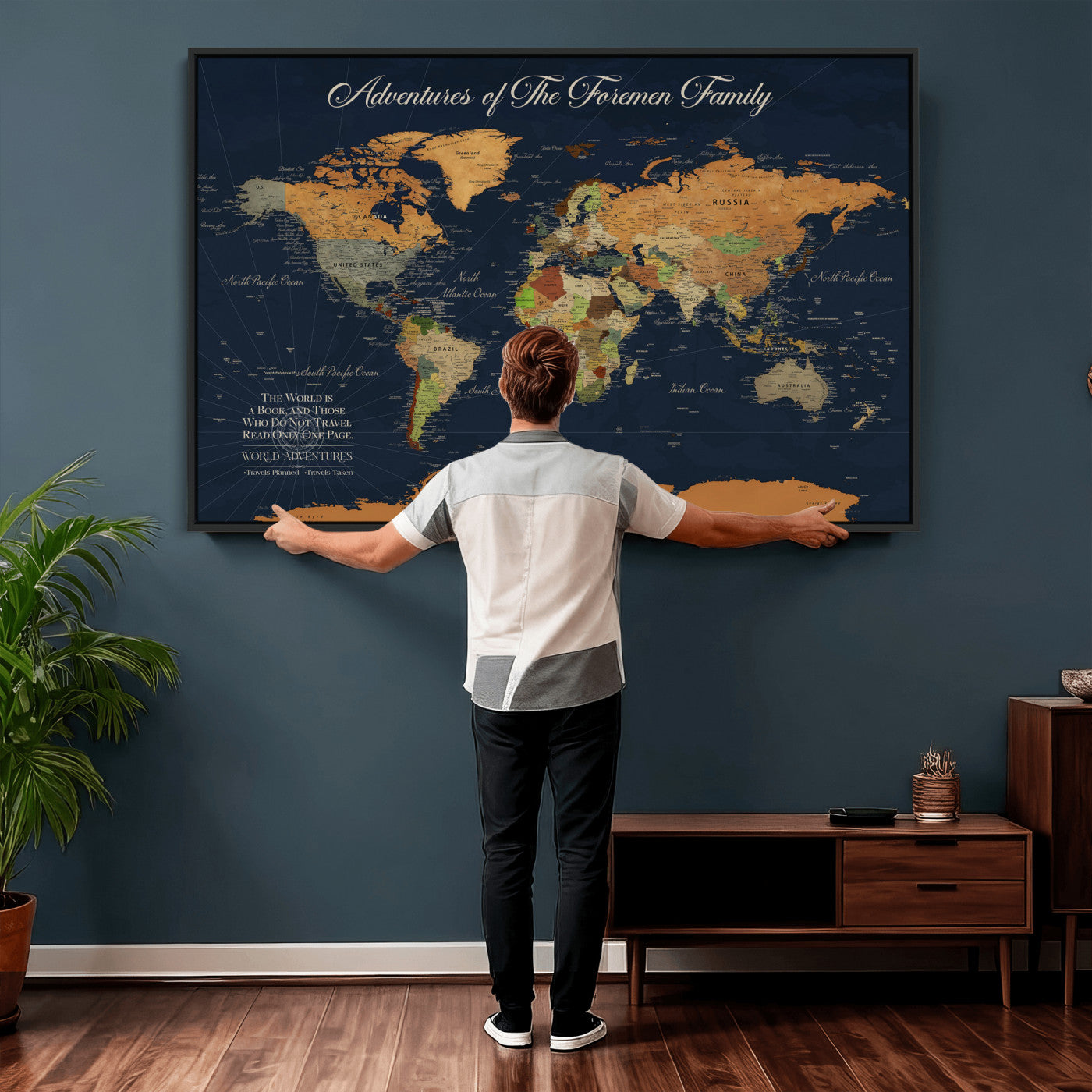 84352304-MGV-CV-36X24 - Custom Push Pin World Map Wall Art Canvas Print – Personalized Travel Tracker with Pins Framed Large for Home and Office Decor