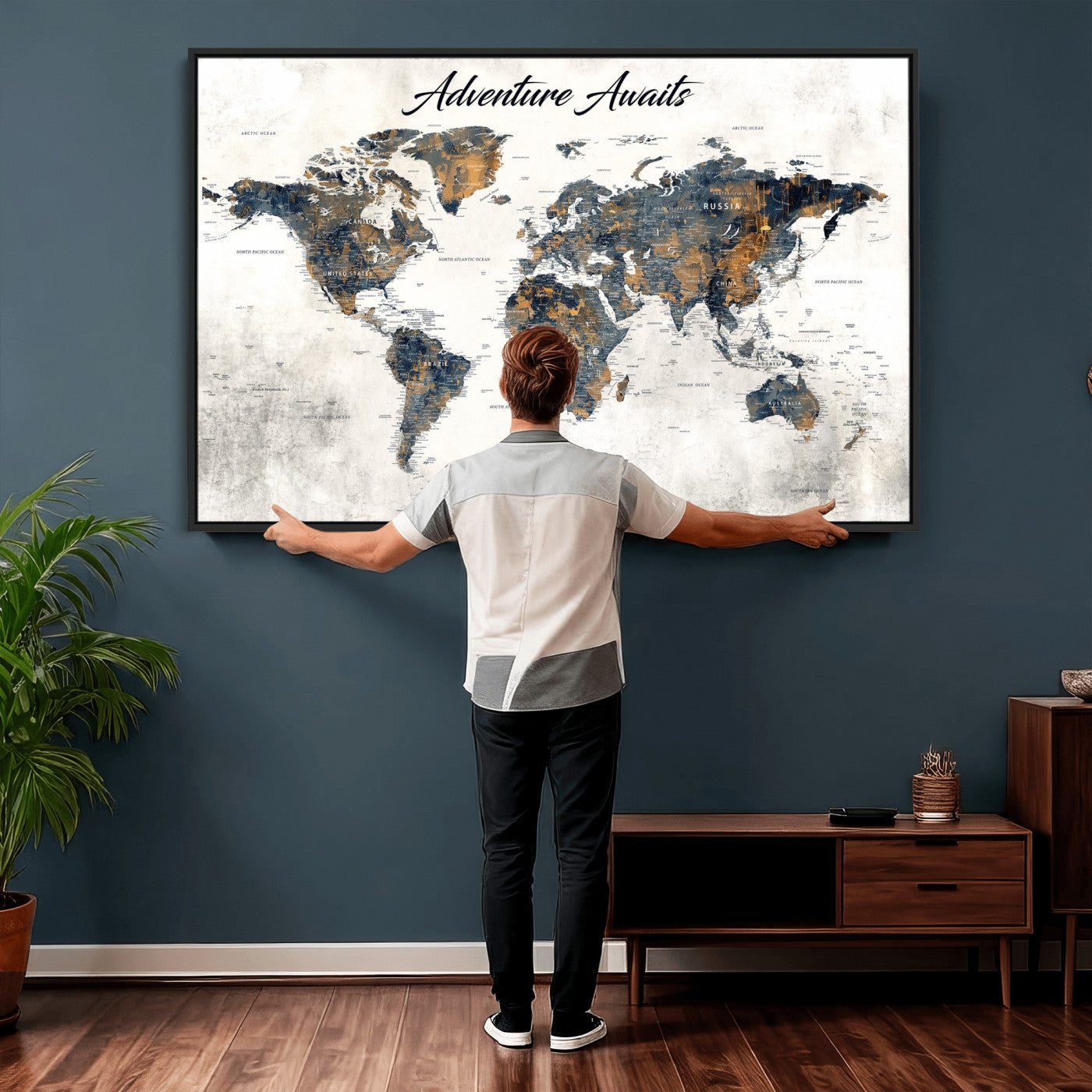 26041262-MGV-CV-36X24 - Custom Push Pin World Map Wall Art Canvas Print – Personalized Travel Tracker with Pins Framed Large for Home and Office Decor