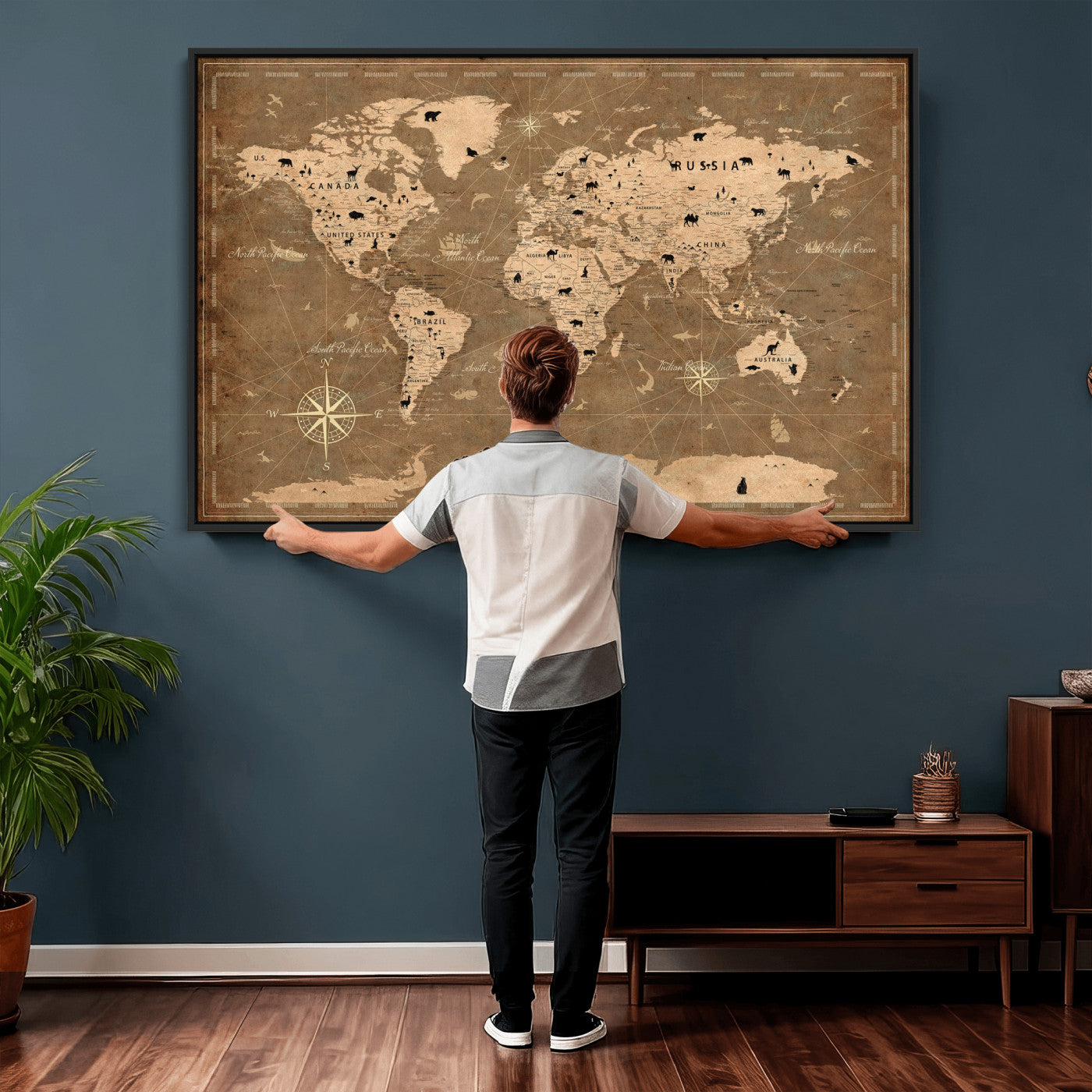 16235283-MGV-CV-36X24 - Custom Push Pin World Map Wall Art Canvas Print – Personalized Travel Tracker with Pins Framed Large for Home and Office Decor