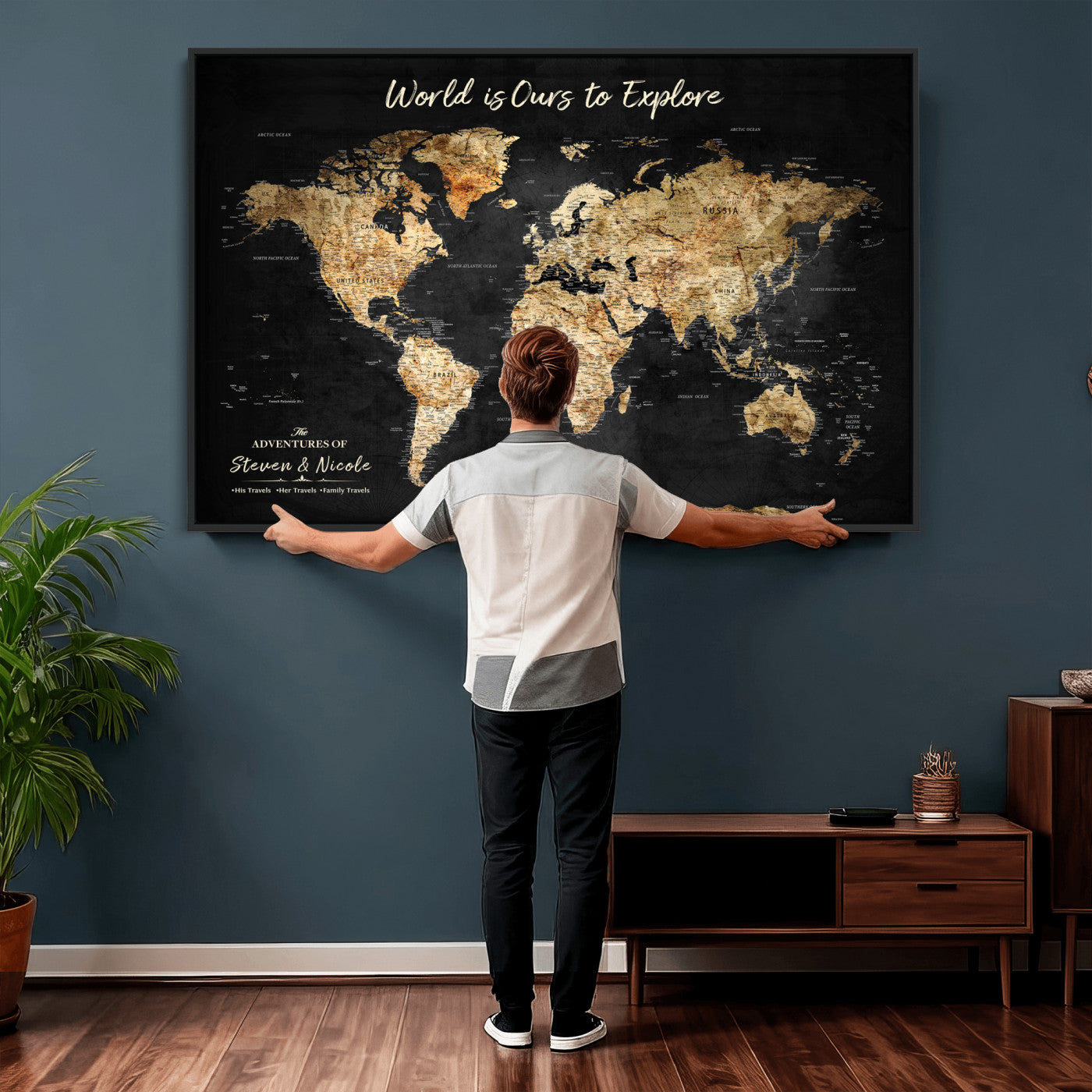 73732636-MGV-CV-36X24 - Custom Push Pin World Map Wall Art Canvas Print – Personalized Travel Tracker with Pins Framed Large for Home and Office Decor