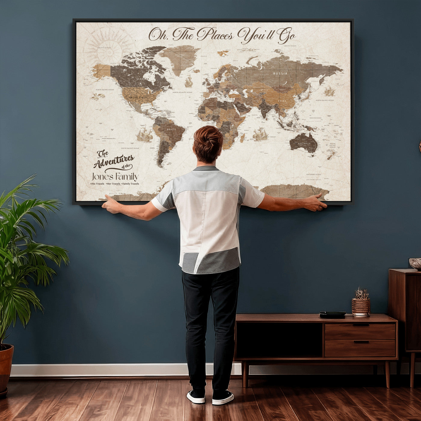 99085321-MGV-CV-36X24 - Custom Push Pin World Map Wall Art Canvas Print – Personalized Travel Tracker with Pins Framed Large for Home and Office Decor