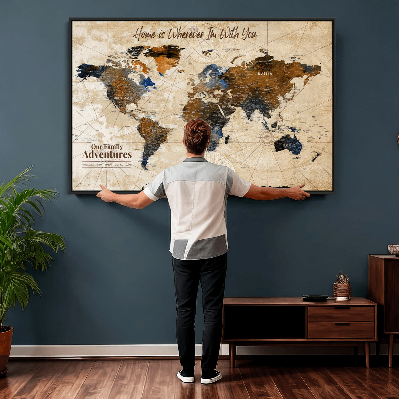 20227642-MGV-CV-36X24 - Custom Push Pin World Map Wall Art Canvas Print – Personalized Travel Tracker with Pins Framed Large for Home and Office Decor