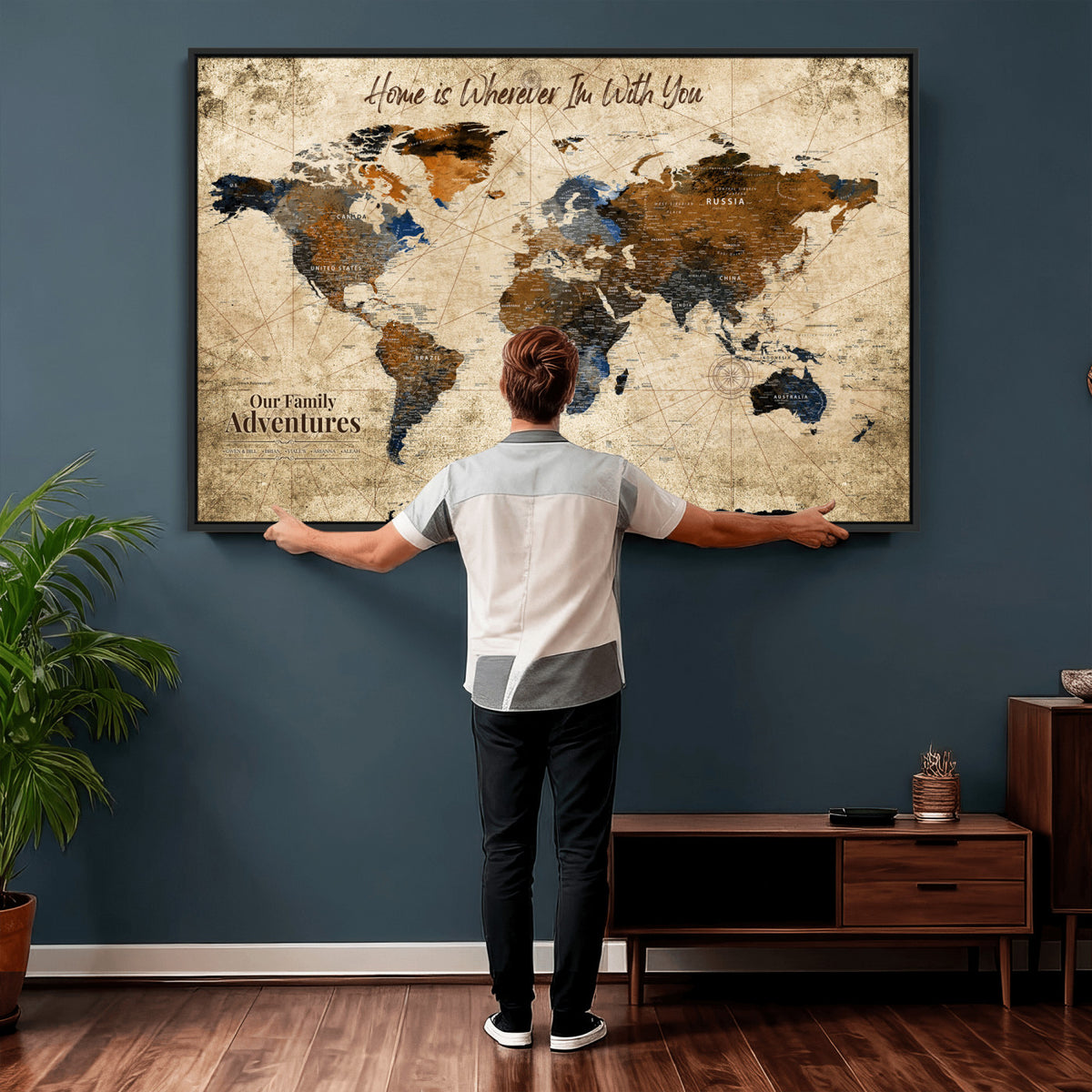 17548029-MGV-CV-36X24 - Personalized Framed Beige Modern Push Pin World Map Canvas Print, Bucket List Map, Home Office and Study Decor