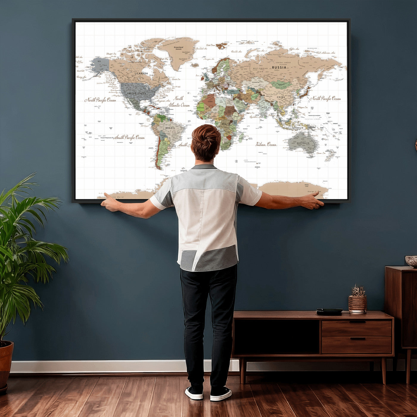 91286788-MGV-CV-36X24 - World Map Wall Art Canvas Print, Modern Decorative Framed Map Artwork Prints for Living Room, Office, Bedroom Wall Decor