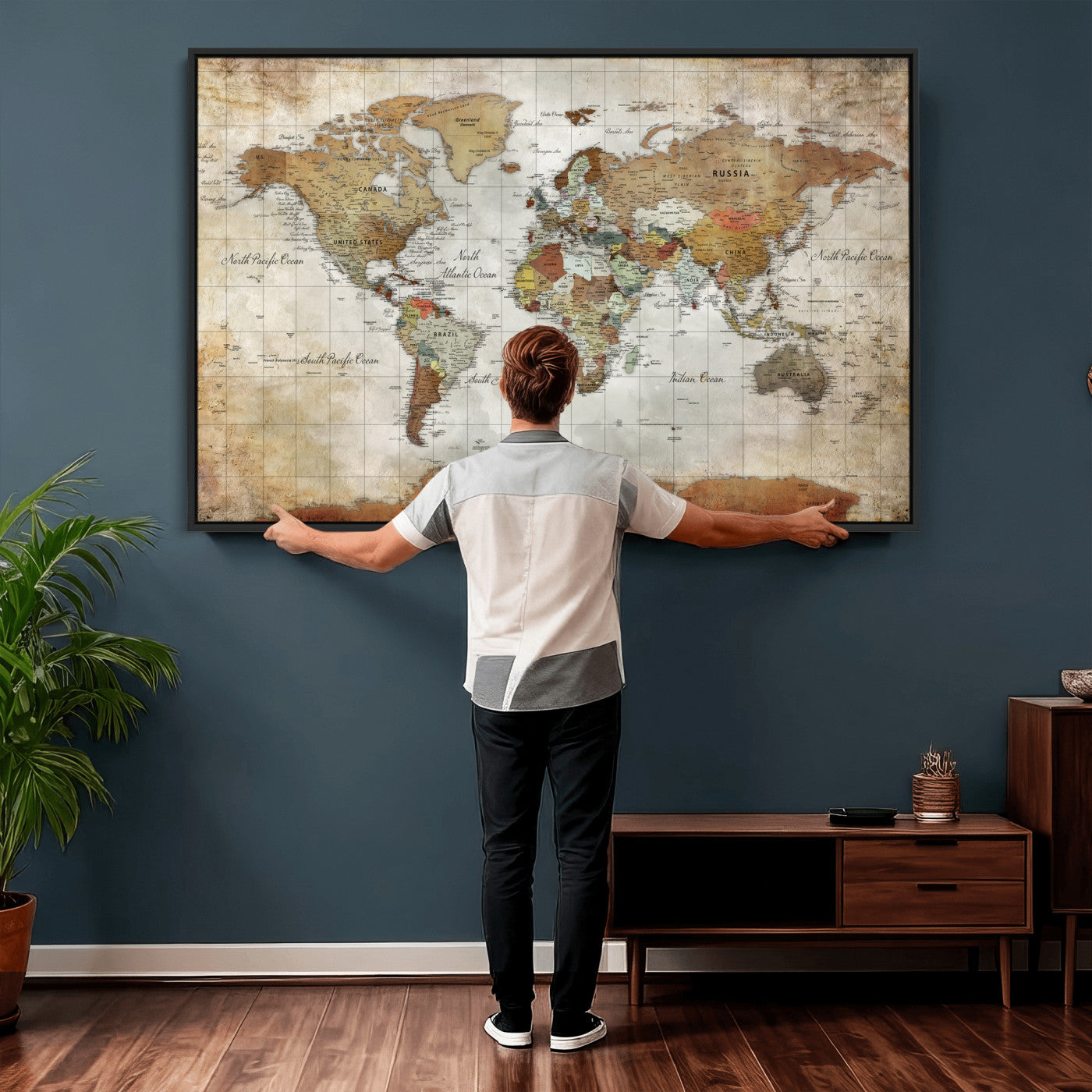 19855445-MGV-CV-36X24 - World Map Wall Art Canvas Print, Modern Decorative Framed Map Artwork Prints for Living Room, Office, Bedroom Wall Decor