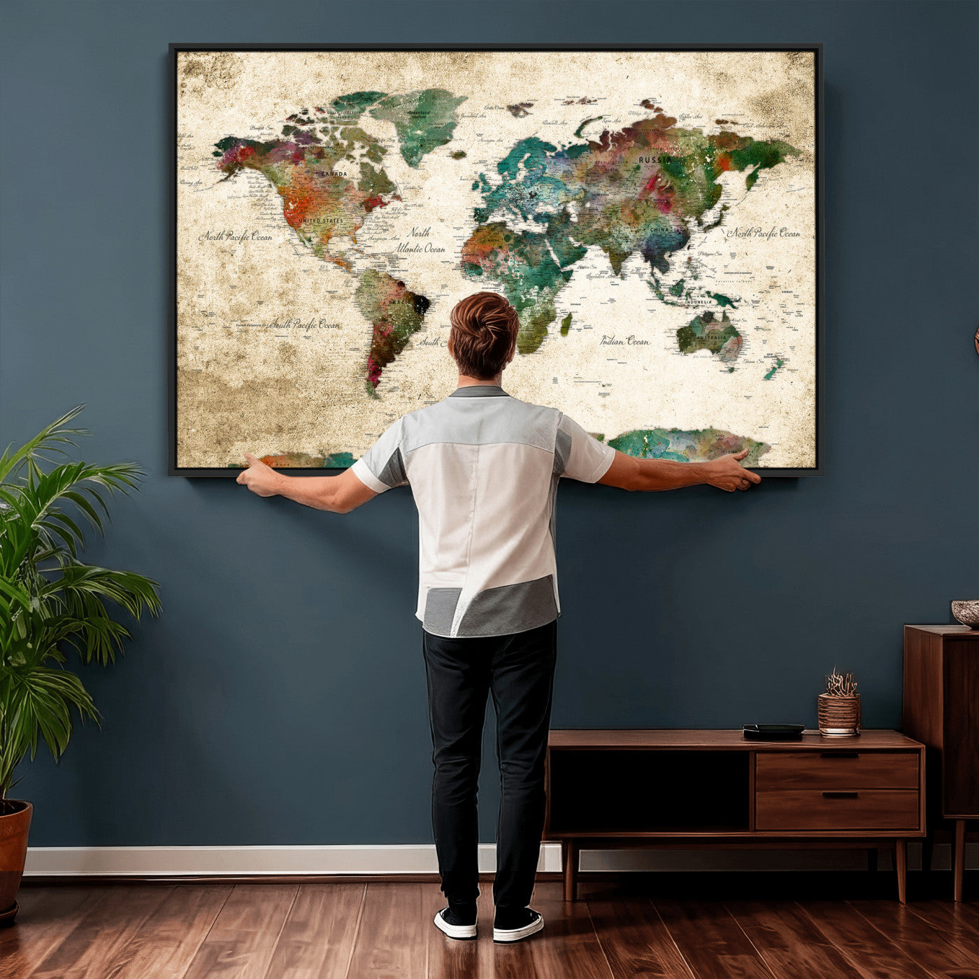 87544591-MGV-CV-36X24 - World Map Wall Art Canvas Print, Modern Decorative Framed Map Artwork Prints for Living Room, Office, Bedroom Wall Decor