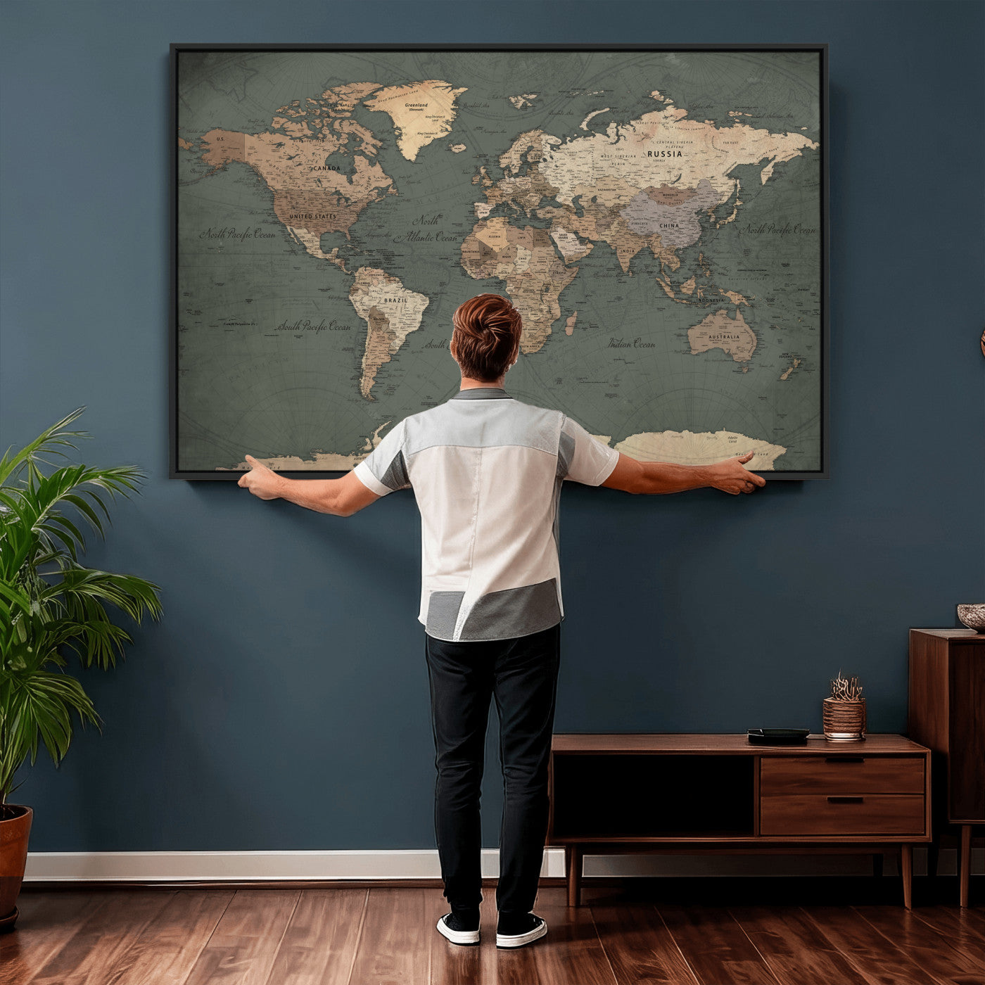 84619399-MGV-CV-36X24 - World Map Wall Art Canvas Print, Modern Decorative Framed Map Artwork Prints for Living Room, Office, Bedroom Wall Decor