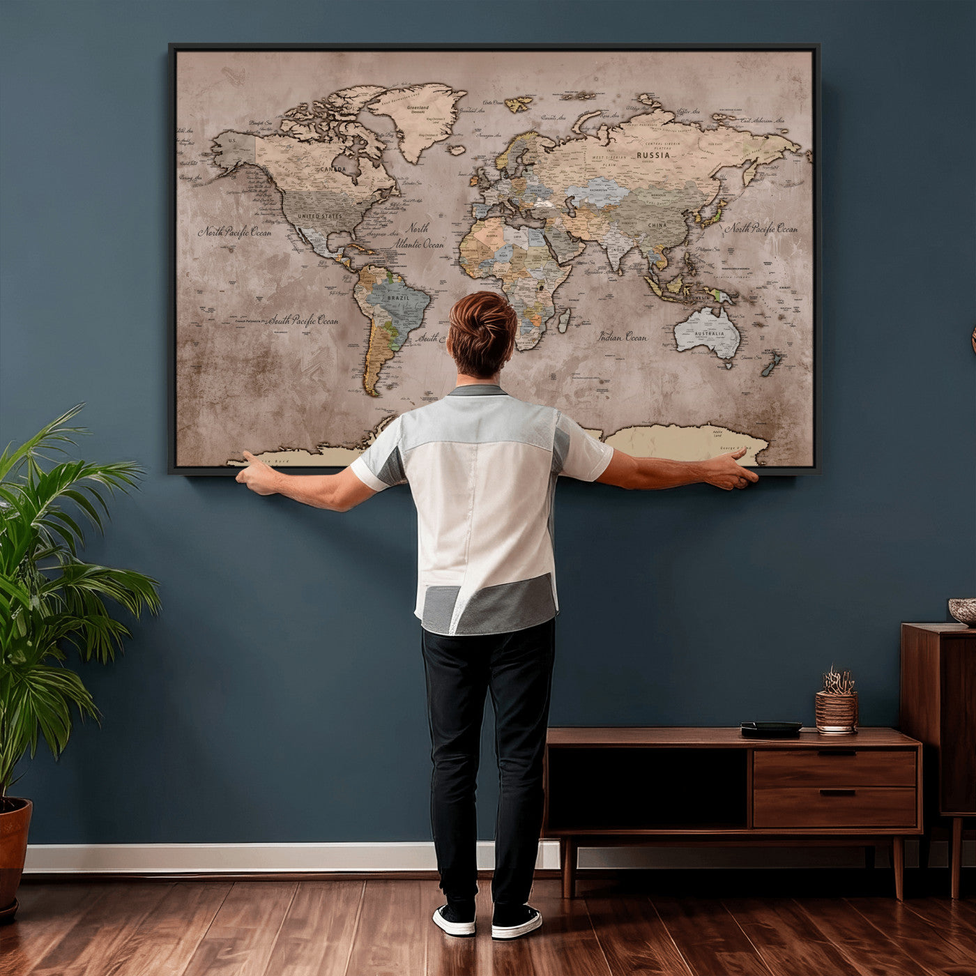 91471273-MGV-CV-36X24 - World Map Wall Art Canvas Print, Modern Decorative Framed Map Artwork Prints for Living Room, Office, Bedroom Wall Decor