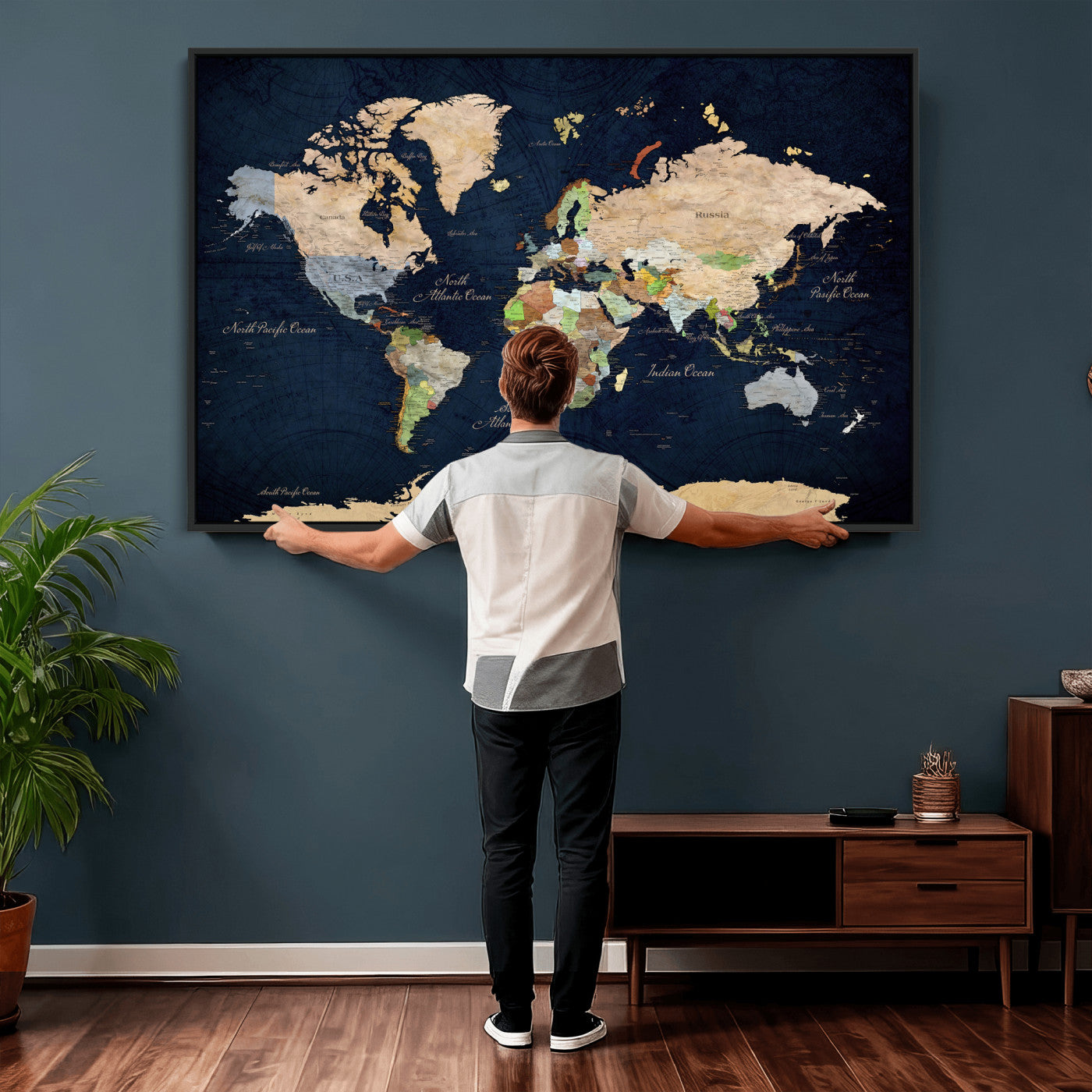 76603563-MGV-CV-36X24 - World Map Wall Art Canvas Print, Modern Decorative Framed Map Artwork Prints for Living Room, Office, Bedroom Wall Decor