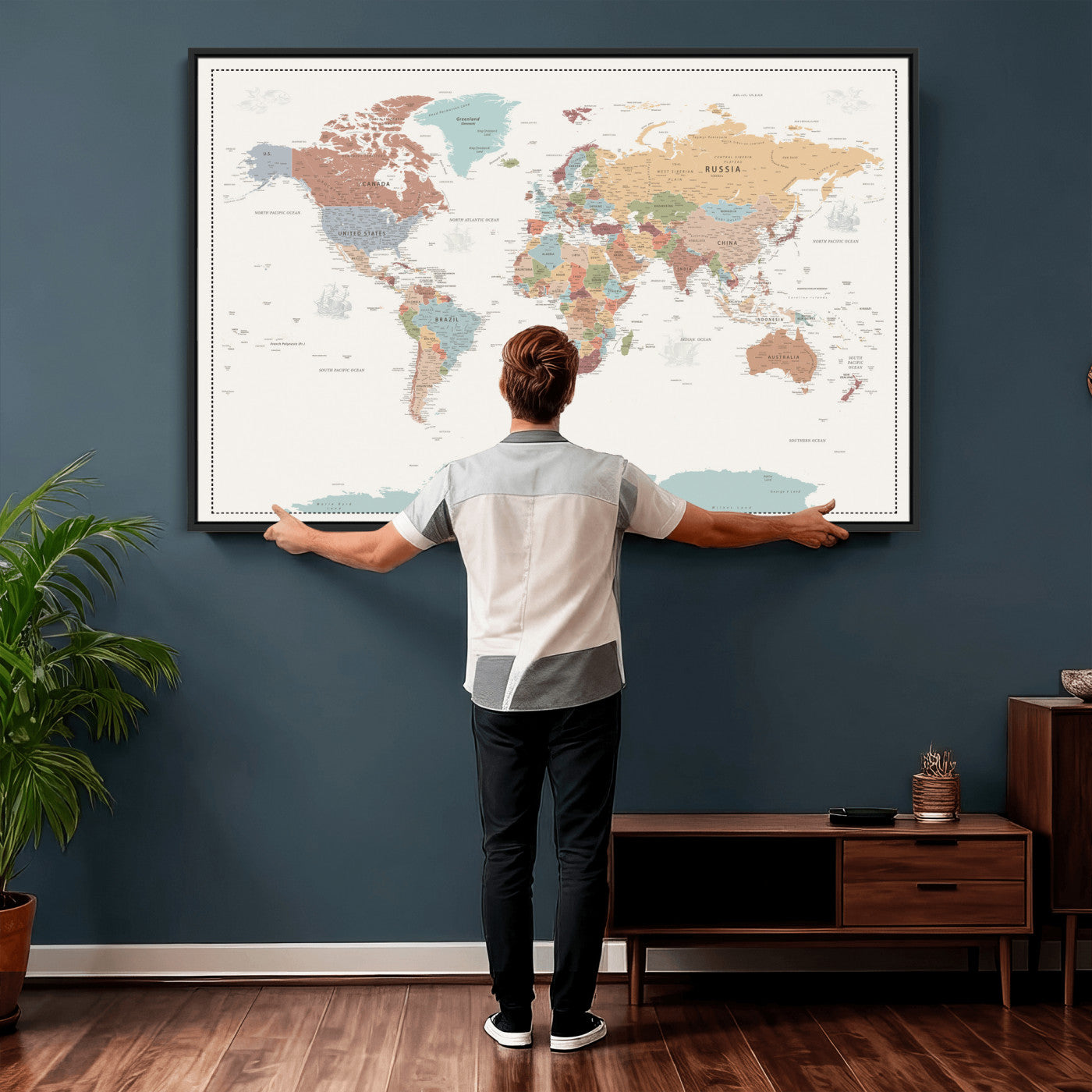 63447567-MGV-CV-36X24 - World Map Wall Art Canvas Print, Modern Decorative Framed Map Artwork Prints for Living Room, Office, Bedroom Wall Decor