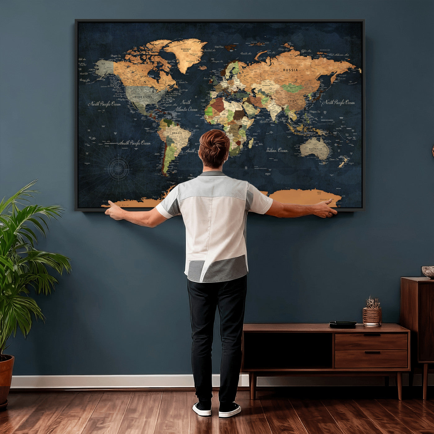 53717402-MGV-CV-36X24 - World Map Wall Art Canvas Print, Modern Decorative Framed Map Artwork Prints for Living Room, Office, Bedroom Wall Decor