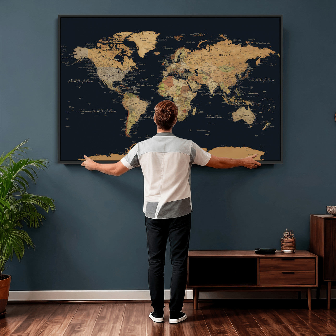 36916368-MGV-CV-36X24 - World Map Wall Art Canvas Print, Modern Decorative Framed Map Artwork Prints for Living Room, Office, Bedroom Wall Decor
