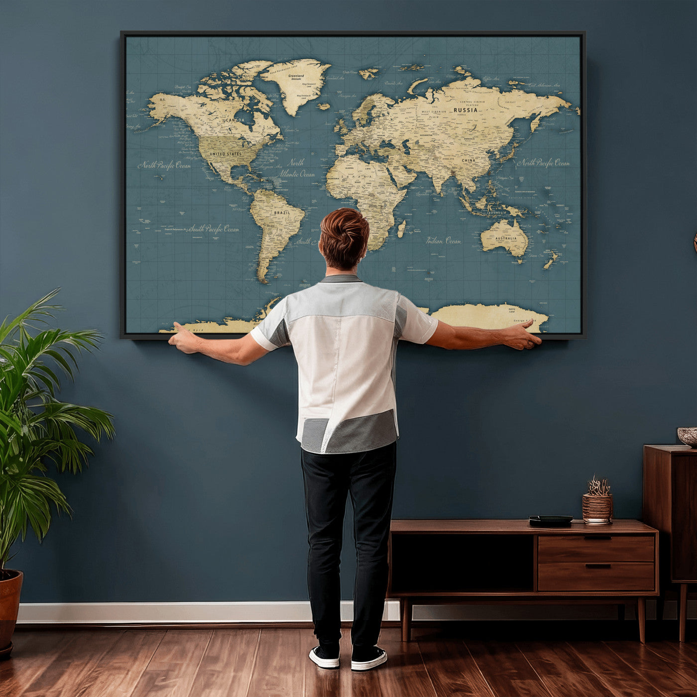 99599383-MGV-CV-36X24 - World Map Wall Art Canvas Print, Modern Decorative Framed Map Artwork Prints for Living Room, Office, Bedroom Wall Decor