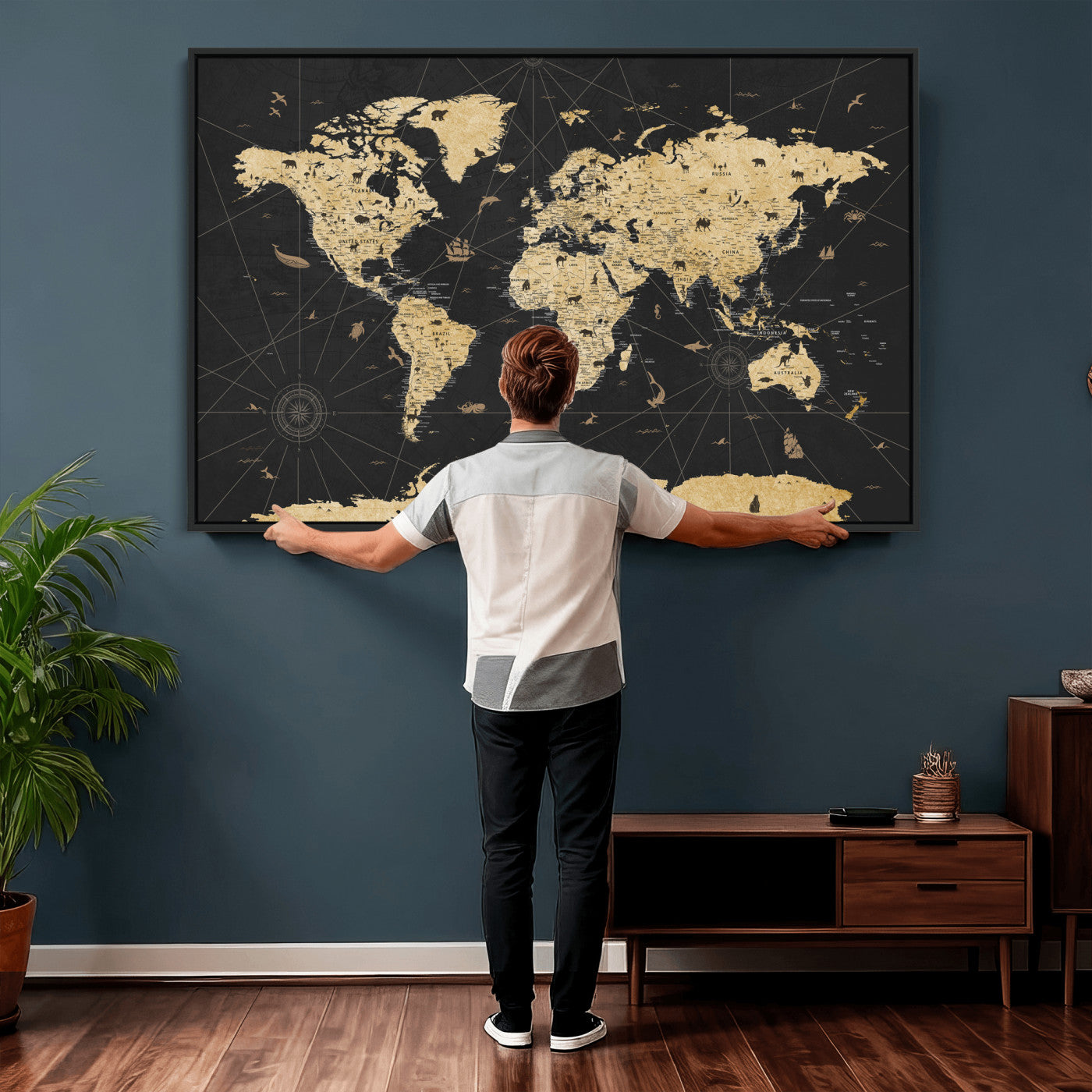 80270976-MGV-CV-36X24 - World Map Wall Art Canvas Print, Modern Decorative Framed Map Artwork Prints for Living Room, Office, Bedroom Wall Decor