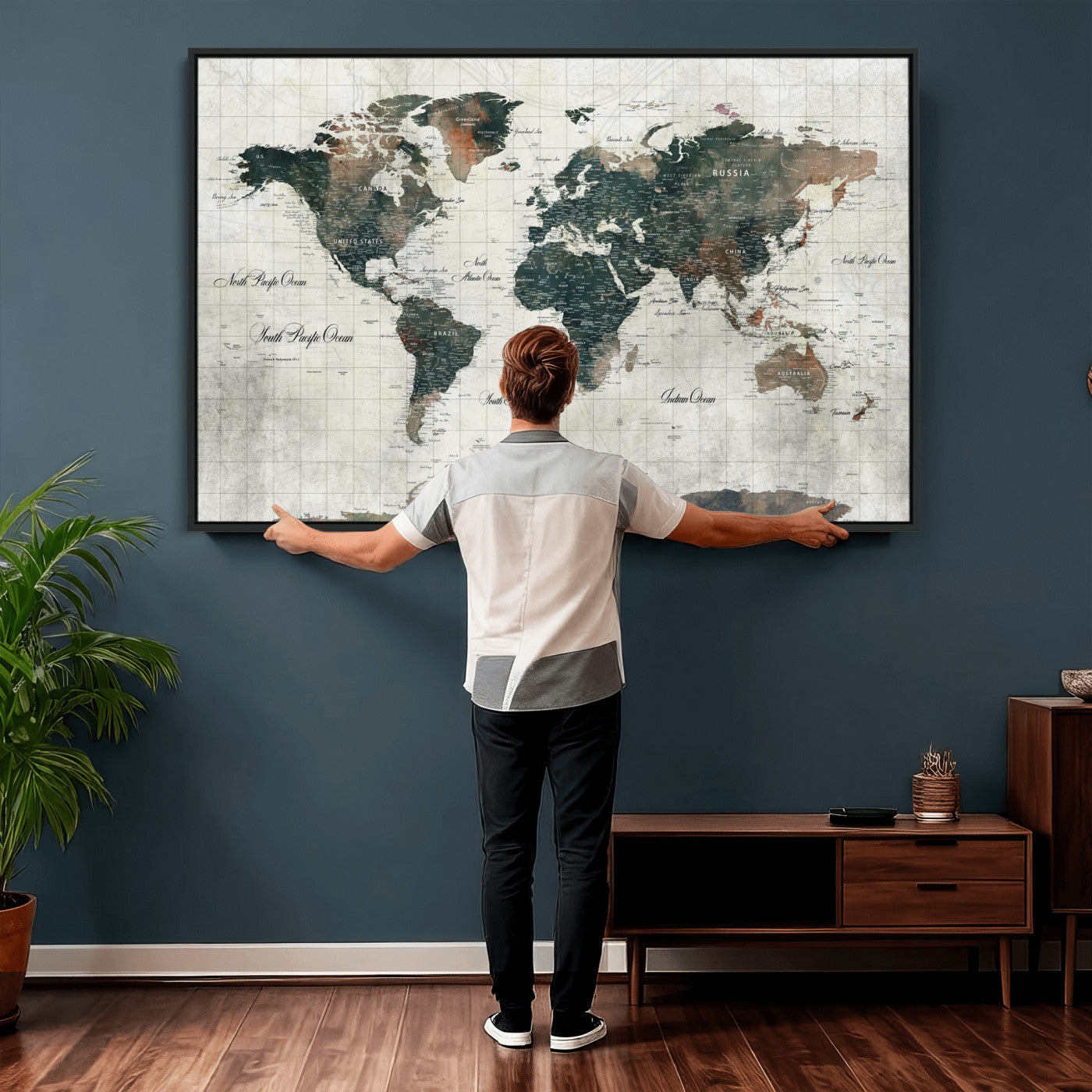 91179593-MGV-CV-36X24 - World Map Wall Art Canvas Print, Modern Decorative Framed Map Artwork Prints for Living Room, Office, Bedroom Wall Decor