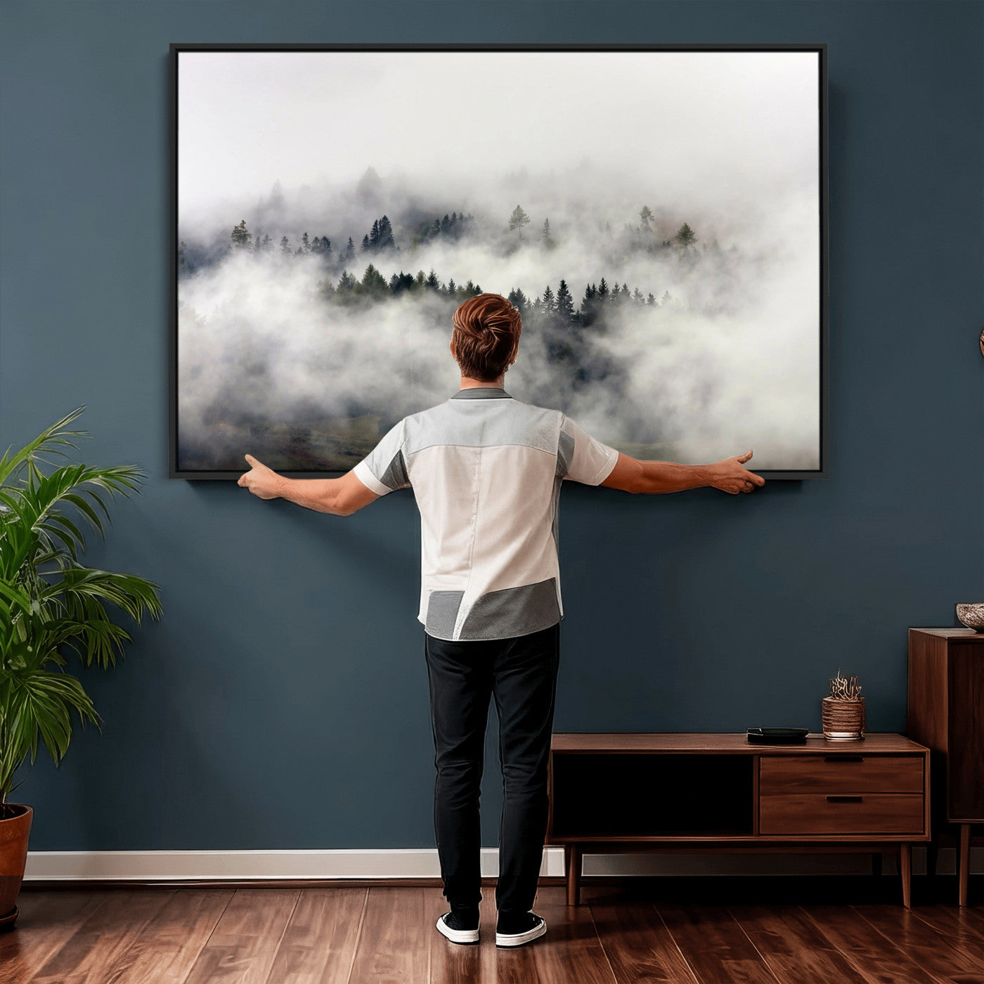 63235457-MGV-CV-36X24 - Foggy Forest Wall Art Canvas Print, Misty Pine Tree Landscape Wall Art Print, Framed Wall Art Ready to Hang