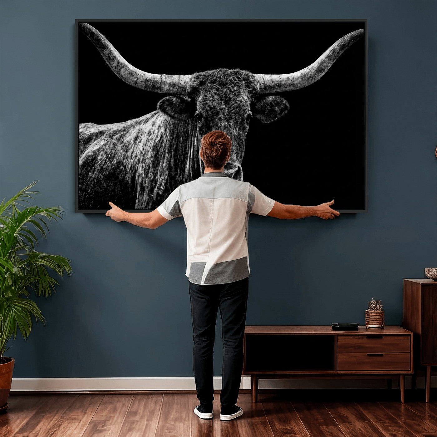 86568508-MGV-CV-36X24 - Vintage Texas Longhorn Bull Wall Art Canvas Print, Texas Cow Portrait Print, Framed Bull Wall Art Ready to Hang