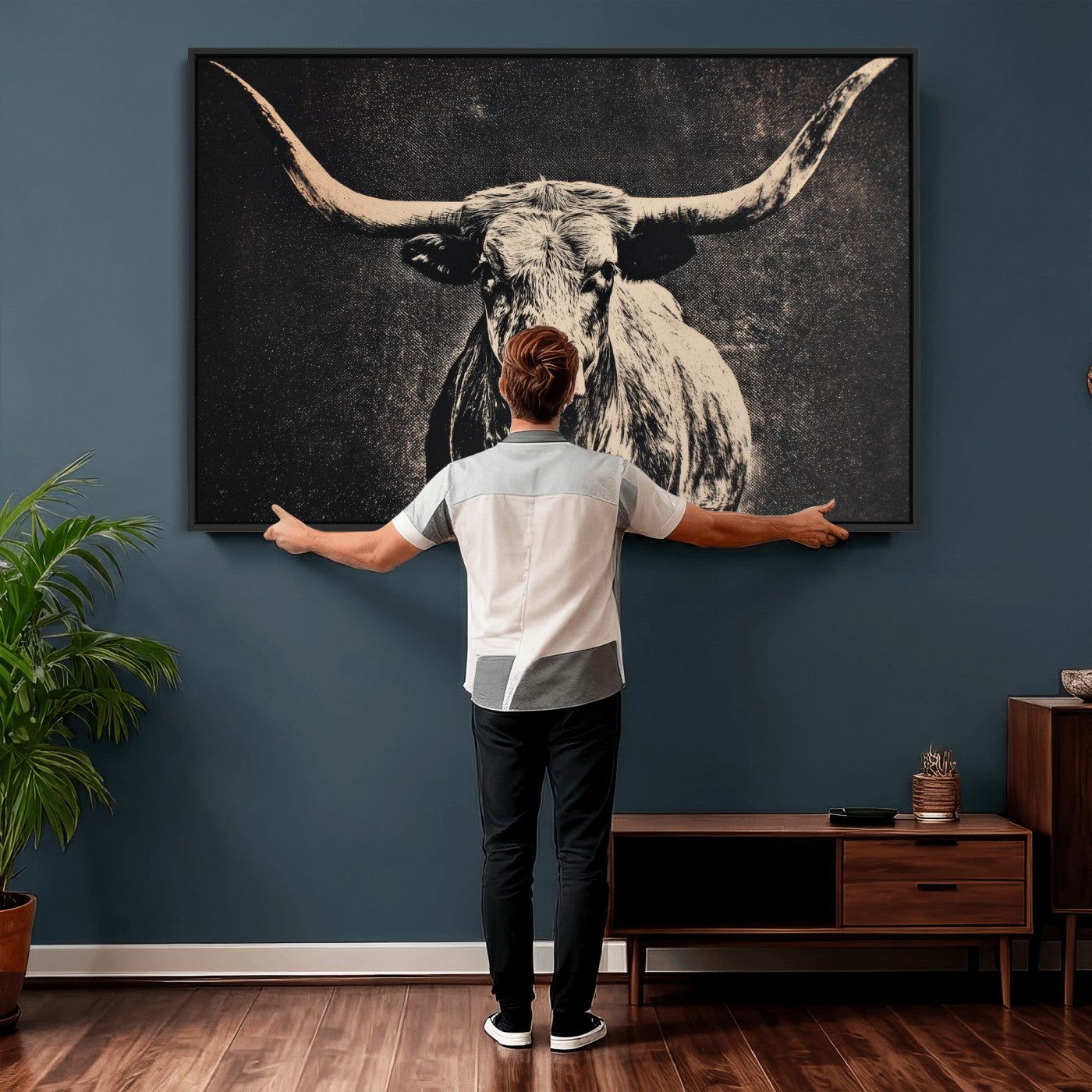 27394218-MGV-CV-36X24 - Vintage Texas Longhorn Bull Wall Art Canvas Print, Cow Portrait Photography Print, Framed Wall Art Ready to Hang