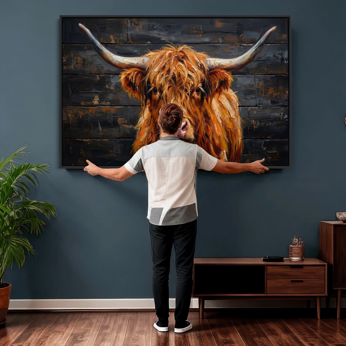 32536611-MGV-CV-36X24 - Highland Cow Wall Art Canvas Print, Rustic Farm Animal Painting, Framed Wall Art Ready to Hang