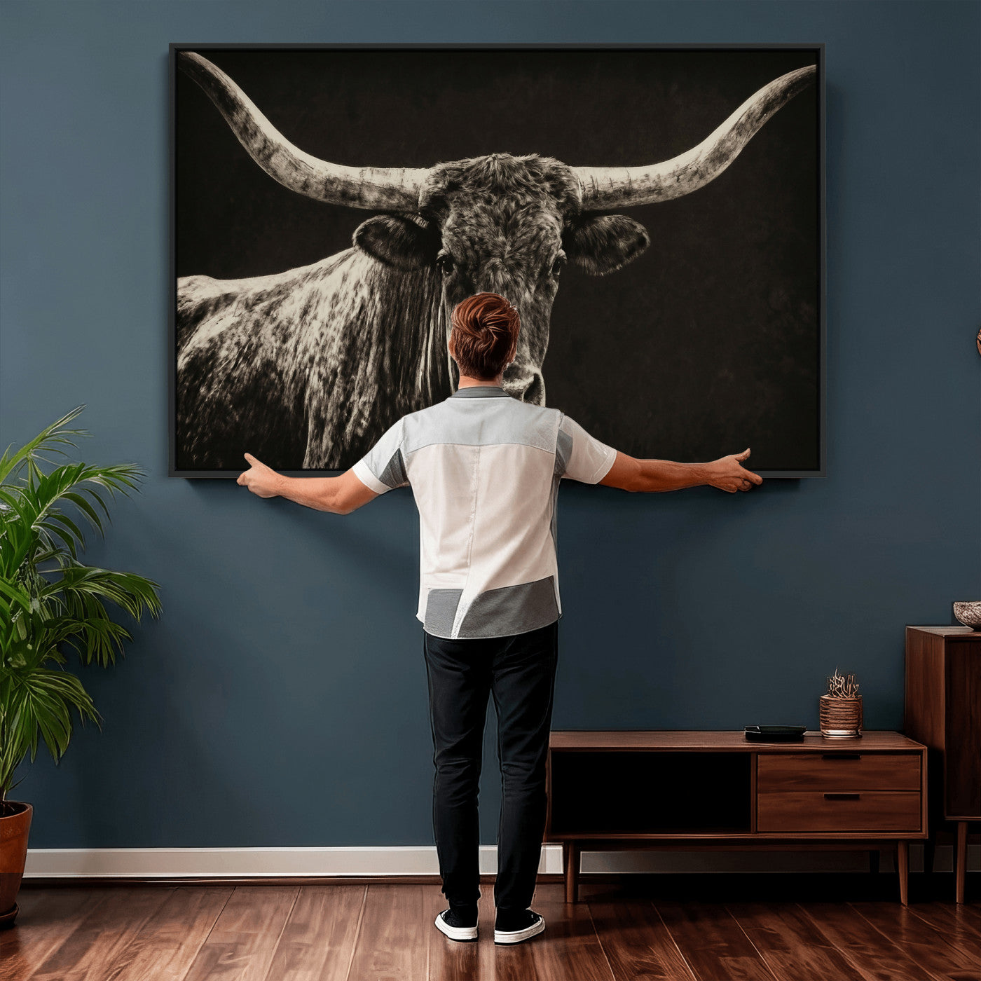 74513721-MGV-CV-36X24 - Vintage Texas Longhorn Bull Wall Art Canvas Print, Cow Portrait Photography Print, Framed Wall Art Ready to Hang