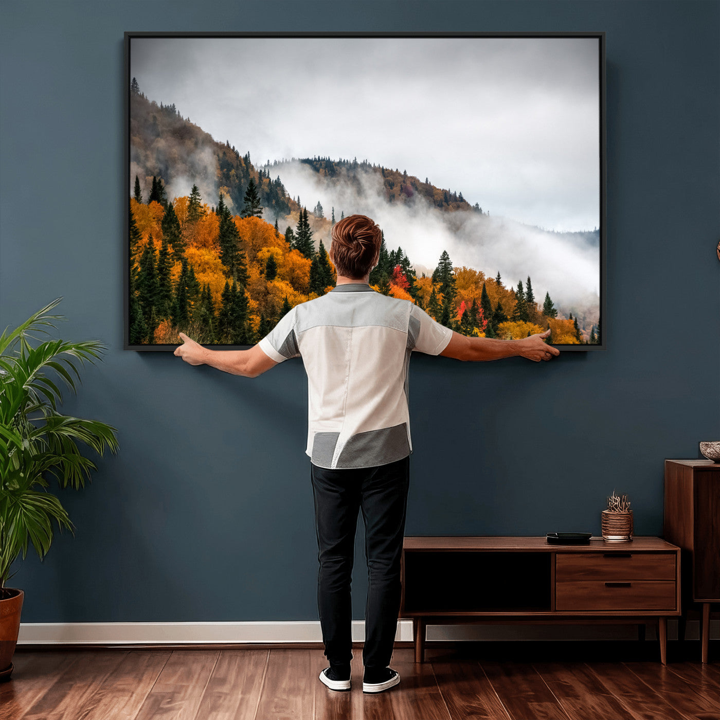 93581632-MGV-CV-36X24 - Autumn Forest Wall Art Canvas Print, Foggy Mountain Landscape Nature Photography, Framed Wall Art Ready to Hang