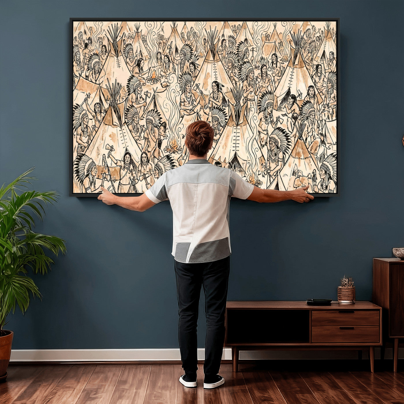 72739176-MGV-CV-36X24 - Farmhouse Animals Wall Art Canvas Print - Abstract Farm Animal Drawing Mid-Century Wall Art for Cabin Decor