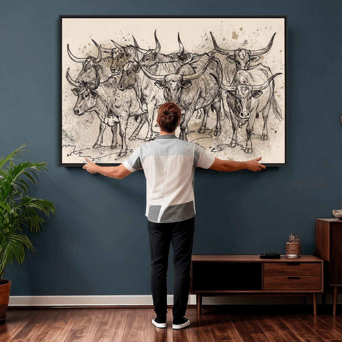 74232558-MGV-CV-36X24 - Farmhouse Animals Wall Art Canvas Print - Abstract Farm Animal Drawing Mid-Century Wall Art for Cabin Decor