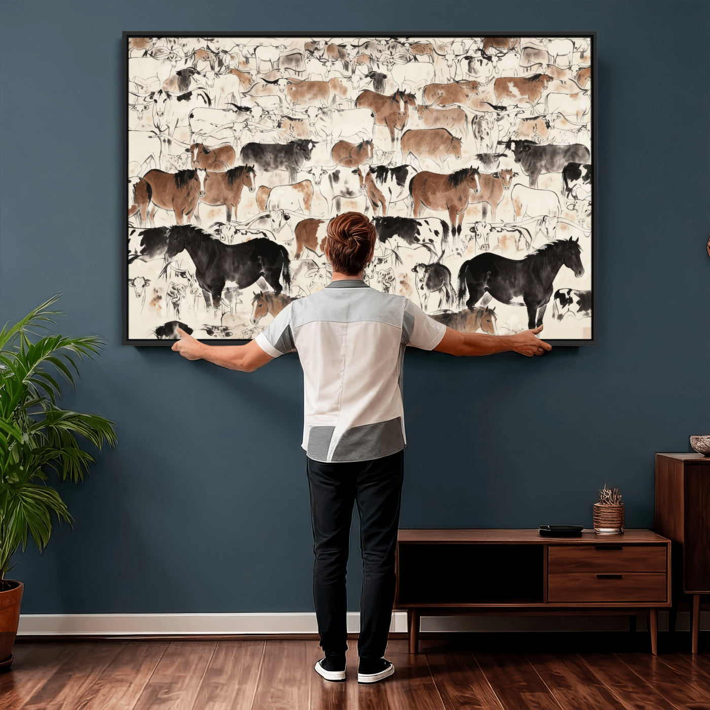 74171578-MGV-CV-36X24 - Farmhouse Animals Wall Art Canvas Print - Abstract Farm Animal Drawing Mid-Century Wall Art for Cabin Decor