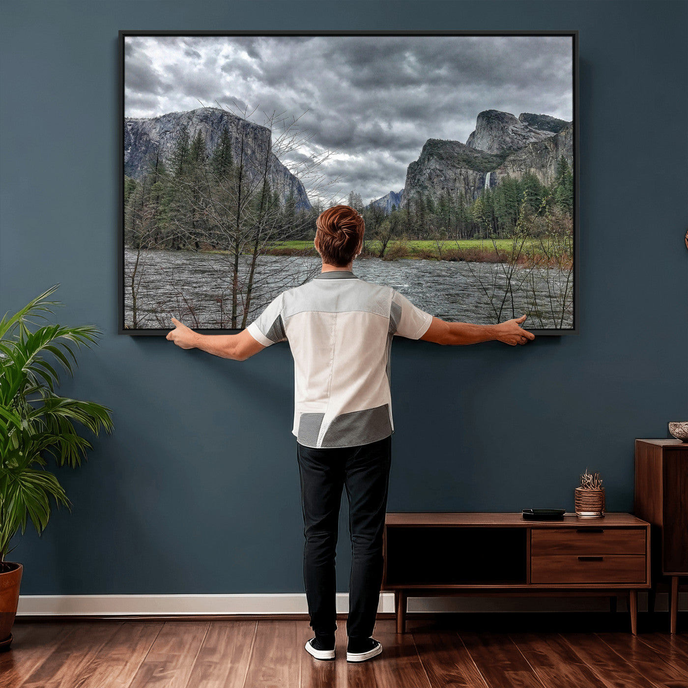 75582552-MGV-CV-36X24 - Yosemite Valley River Landscape Wall Art Canvas Print, Granite Cliffs Forest River Canvas Print, California National Park Moody Scenic Art Printi