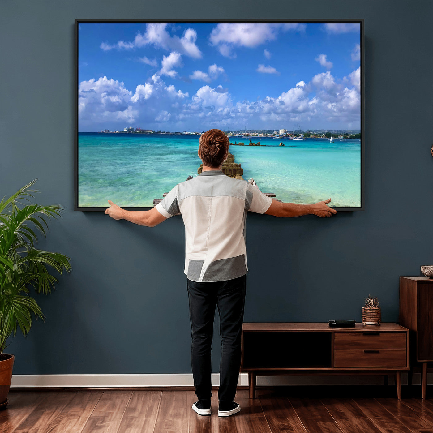 43165024-MGV-CV-36X24 - Caribbean Ocean Pier Seascape Wall Art Canvas Print, Turquoise Sea Tropical Harbor Canvas Print, Island Coastal Blue Water Scenic Art Printing