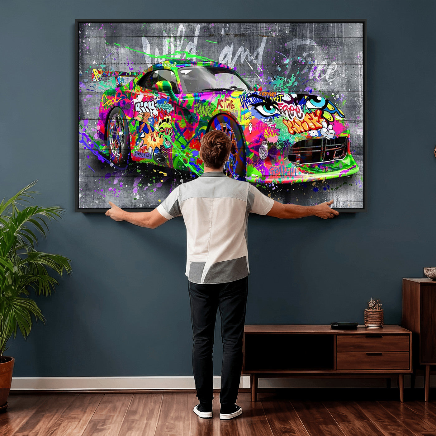 95314968-MGV-CV-36X24 - Graffiti Sports Car Street Art Wall Art Canvas Print, Colorful Urban Supercar Pop Art Canvas Print, Modern Graffiti Car Contemporary Art Printing